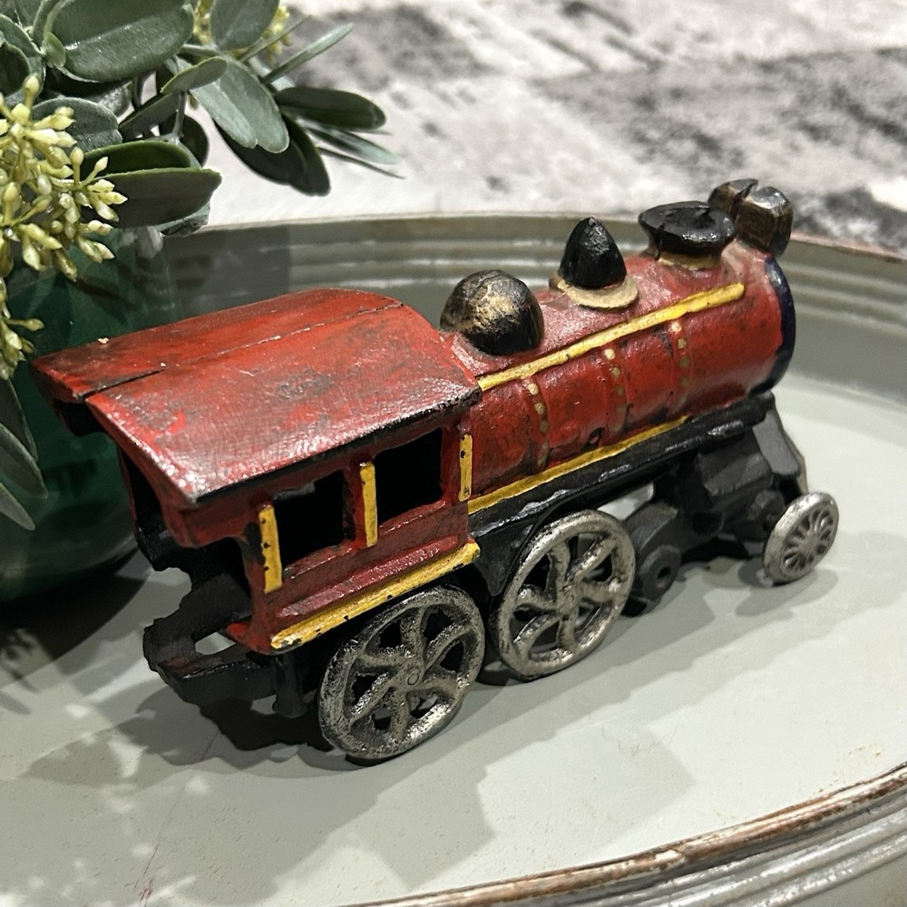 Vintage Cast Iron Toy Train Engine Red Yellow Black 9" Decorative Collectible